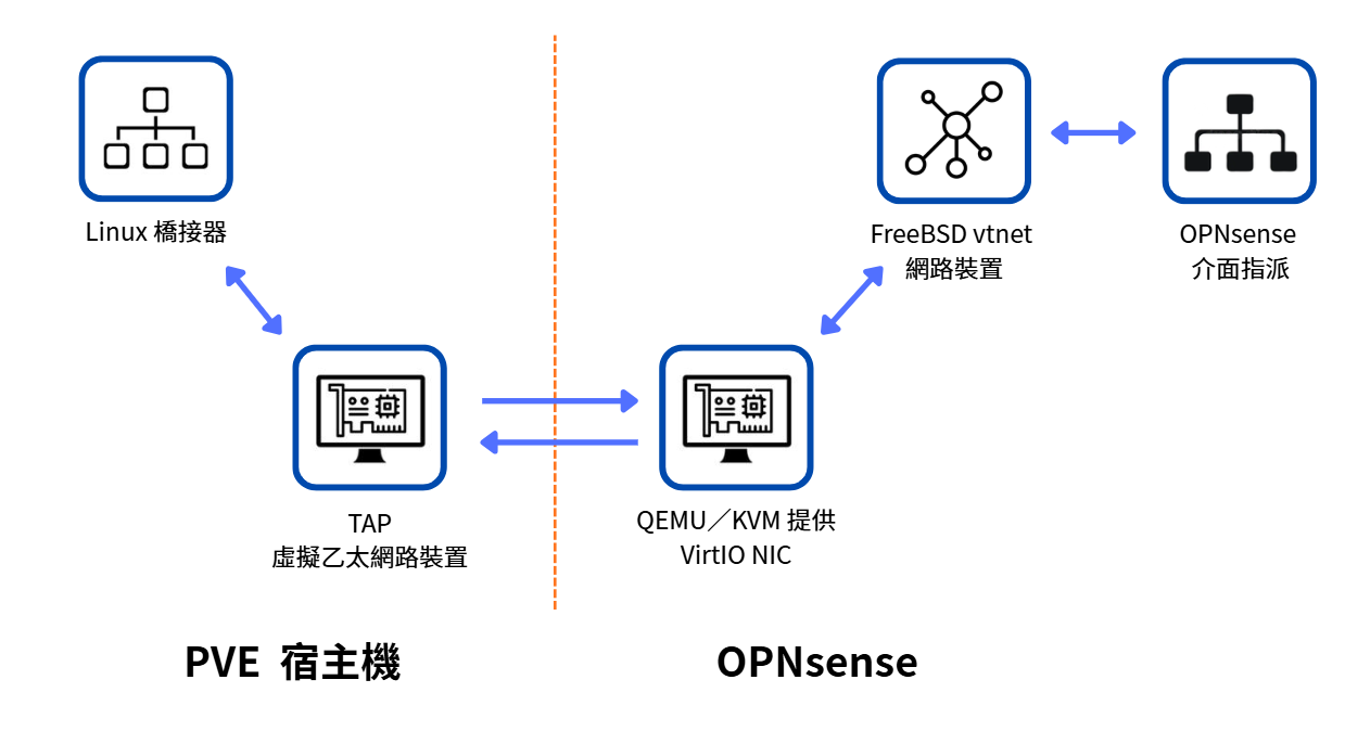 PVE Linux 橋接器經 TAP 與 VirtIO 網卡連到 OPNsense WAN