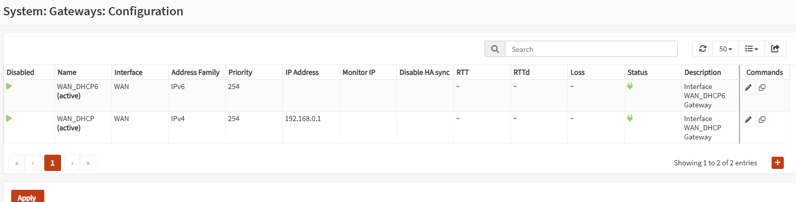 OPNsense Gateways Configuration 顯示 WAN_DHCP 的 IPv4 閘道為 192.168.0.1 且狀態正常