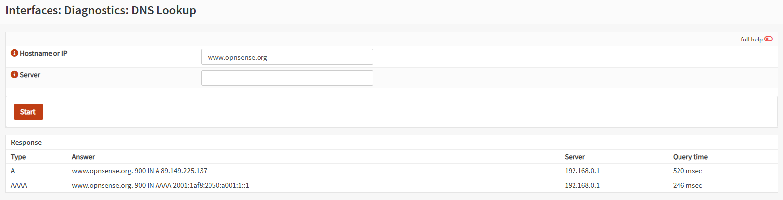 OPNsense DNS Lookup 使用 192.168.0.1 解析 www.opnsense.org 並取得 A 與 AAAA 紀錄