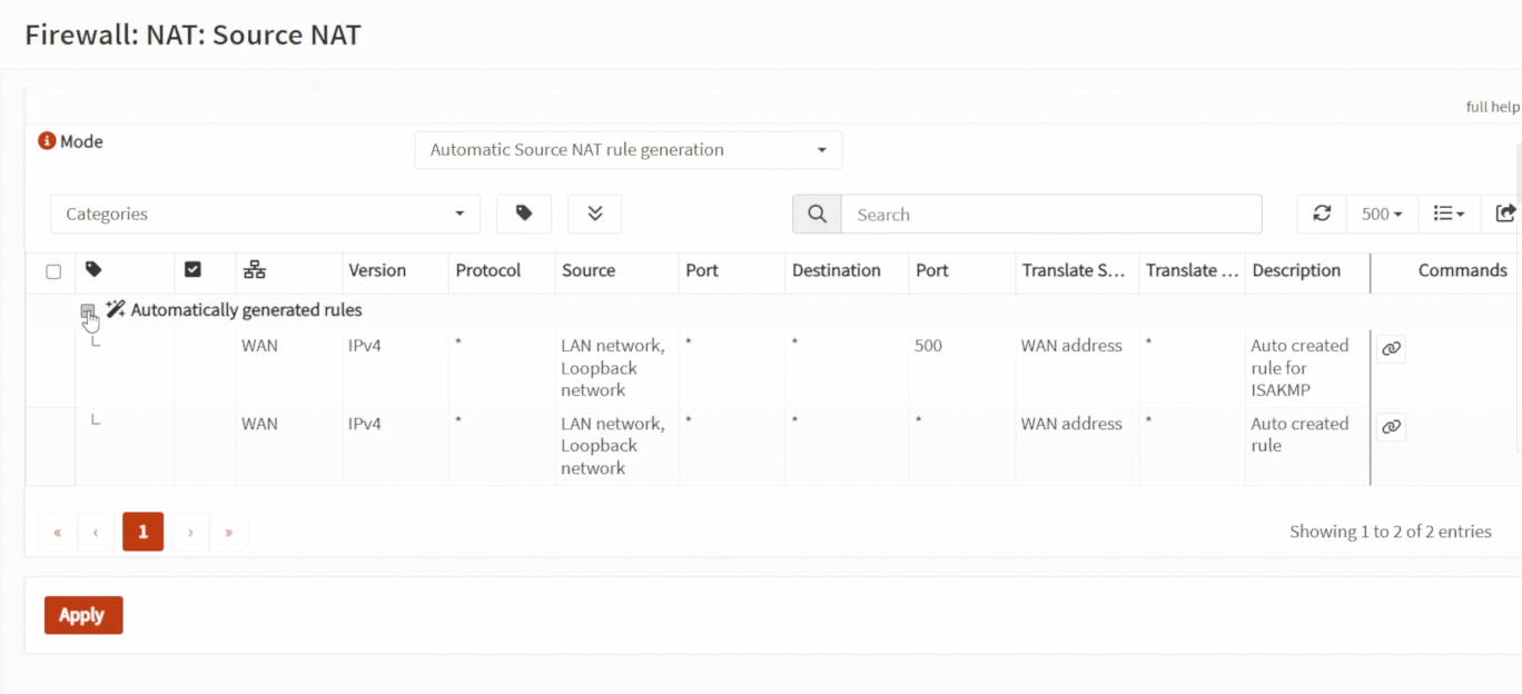 OPNsense Source NAT 頁面使用 Automatic Source NAT rule generation
