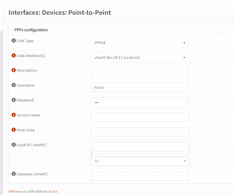 OPNsense Point-to-Point 裝置頁面提供 PPPoE 連線類型、實體介面與帳密欄位