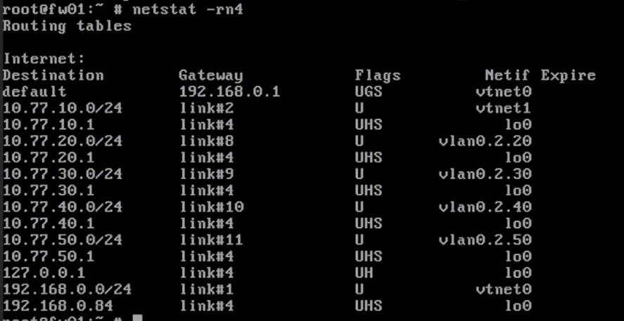 使用 netstat 確認四個 VLAN 的直接連線路由