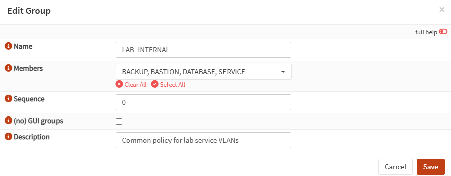 LAB_INTERNAL 群組包含 SERVICE、DATABASE、BACKUP 與 BASTION，並排除管理用 LAN
