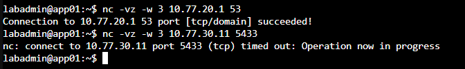 app01 連向 OPNsense TCP 53 成功，連向 pg01 TCP 5433 則逾時
