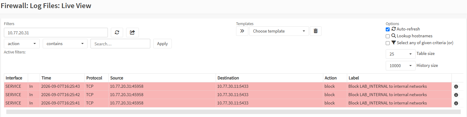 OPNsense Live View 顯示 app01 前往 pg01 TCP 5433 的封包遭到內網 Block 規則阻擋
