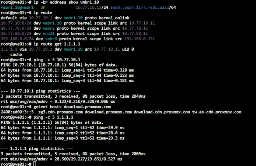 pve01 經 vmbr1.10 與 10.77.10.1 送出預設路由流量