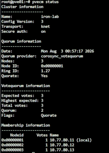 PVE Cluster 維持三個節點與 Quorate 狀態