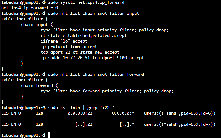 jump01 的 IPv4 轉送、nftables Chain 及 SSH 監聽狀態