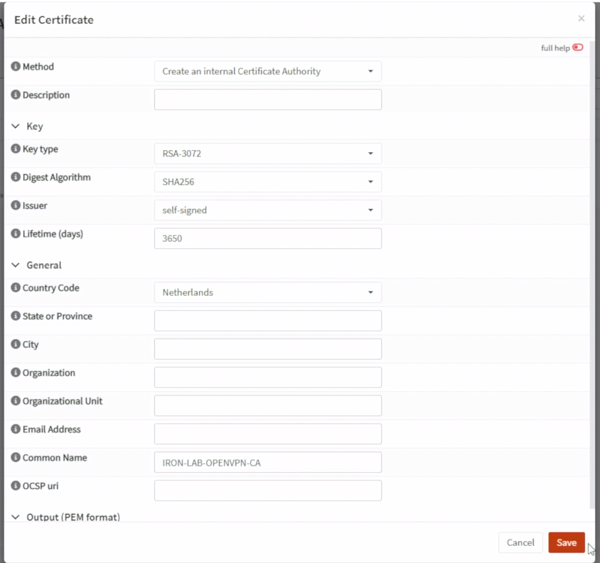 OPNsense 建立 IRON-LAB-OPENVPN-CA 內部憑證授權中心