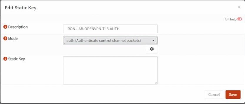 OPNsense TLS Static Key 設為 auth 模式並準備產生共享金鑰
