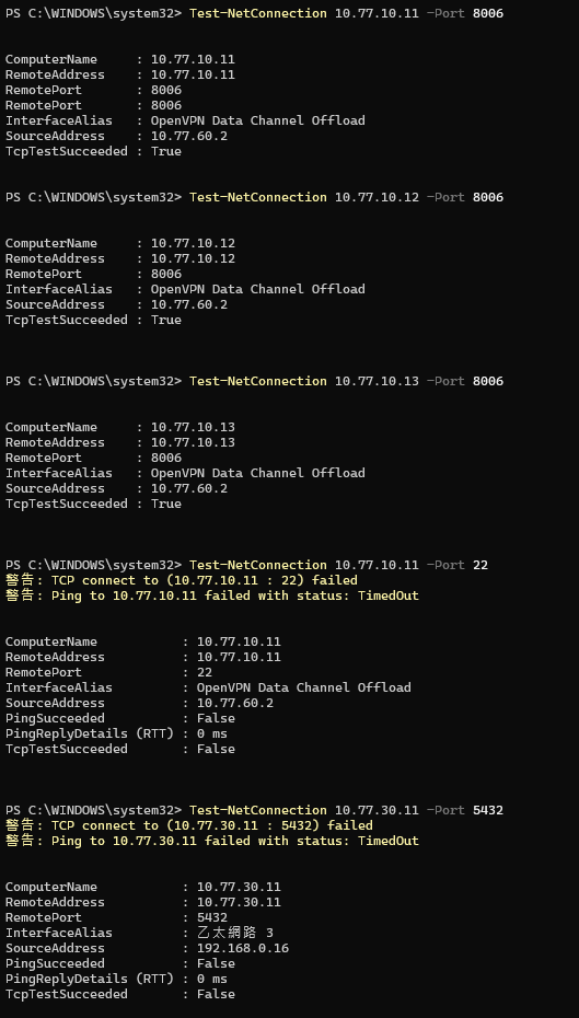 vpn-admin01 測試 PVE TCP 8006、SSH 22 與未納入 VPN 路由的 PostgreSQL 5432