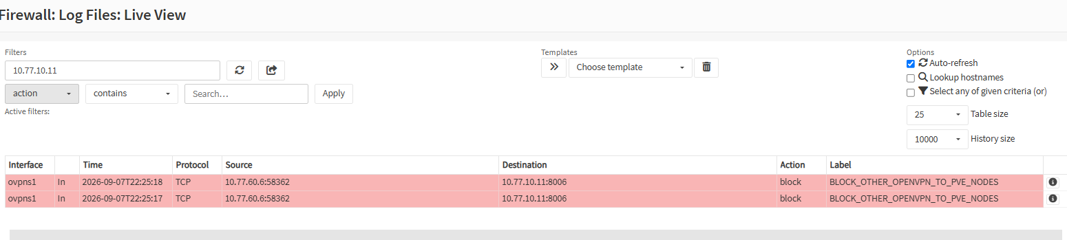 Firewall Live View 顯示一般 VPN 使用者連接 PVE TCP 8006 時命中封鎖規則