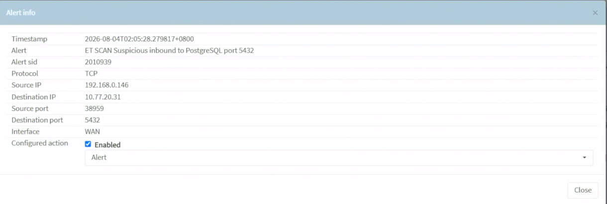 OPNsense Alert 詳細資料顯示 SID 2010939 與設定動作 Alert