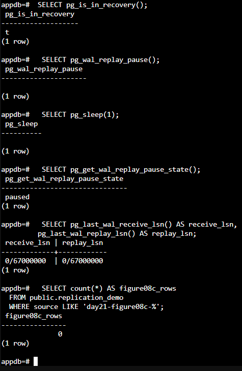 pg02 暫停 WAL Replay 並記錄 Receive LSN、Replay LSN 與資料筆數