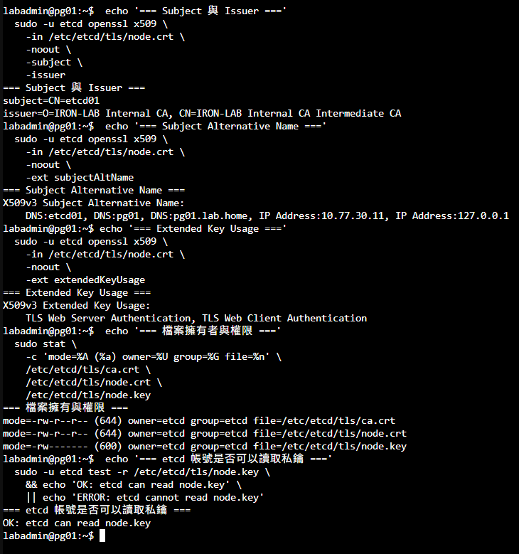 pg01 的 etcd 憑證包含節點身分與雙向 TLS 用途,私鑰只允許 etcd 帳號讀取