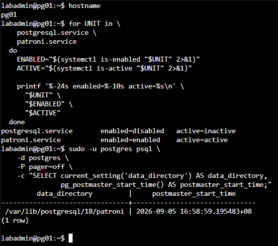 pg01 停用套件預設 PostgreSQL 服務並由 Patroni 管理新的資料目錄