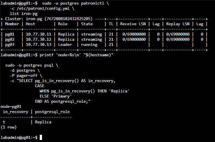 Patroni 叢集包含 pg03 Leader、pg01 與 pg02 Replica,pg01 處於復原狀態