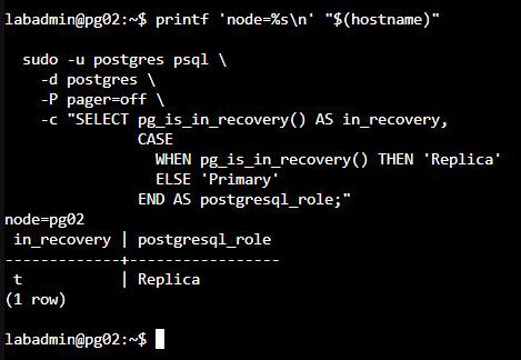 pg02 的 PostgreSQL 處於復原狀態並擔任 Replica