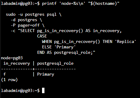 pg03 的 pg_is_in_recovery() 回傳 false,並擔任 Primary