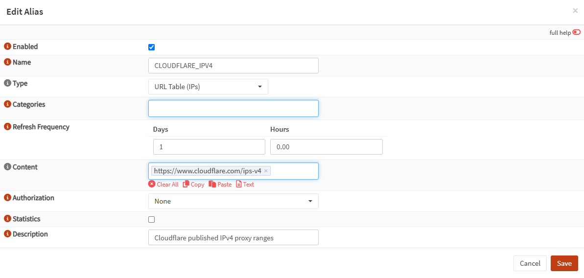 OPNsense 使用 Cloudflare 官方 IPv4 清單建立 URL Table Alias