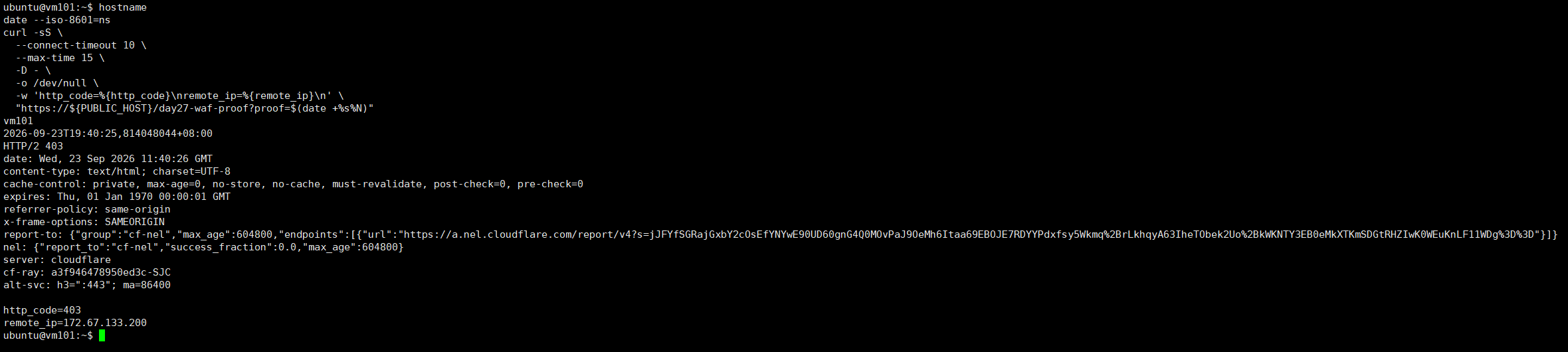 外部受控請求命中 Cloudflare WAF 並取得 HTTP 403