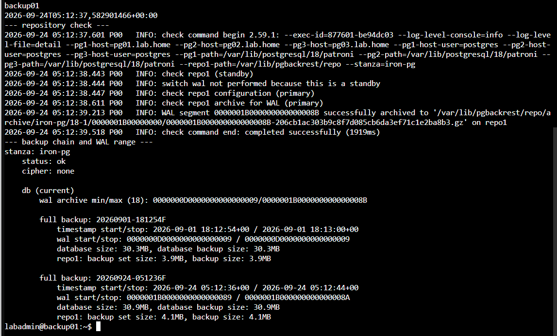 backup01 完成 Repository Check 並列出有效完整備份與 WAL 範圍