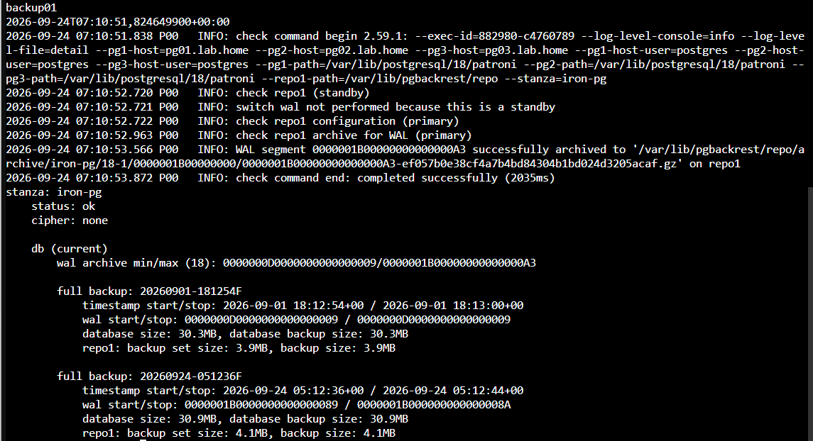 backup01 完成 pgBackRest Check 並確認最新 Archived WAL