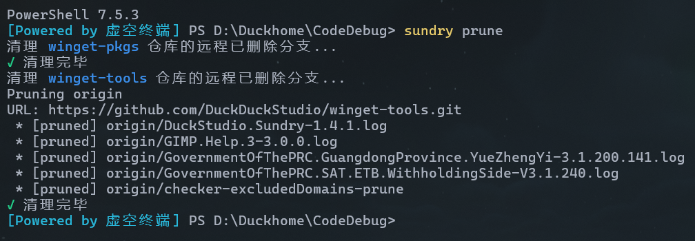 Sundry prune 命令展示图。该命令用于清理仓库远程已删除的分支。