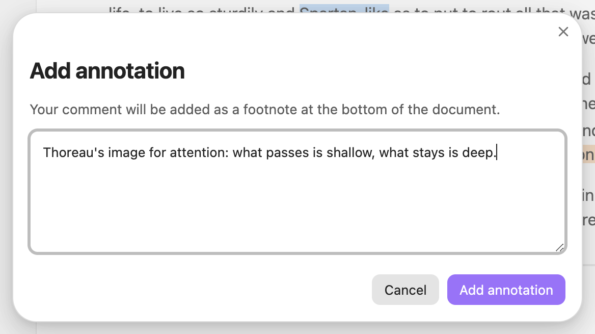 The Add annotation dialog with a comment typed in.