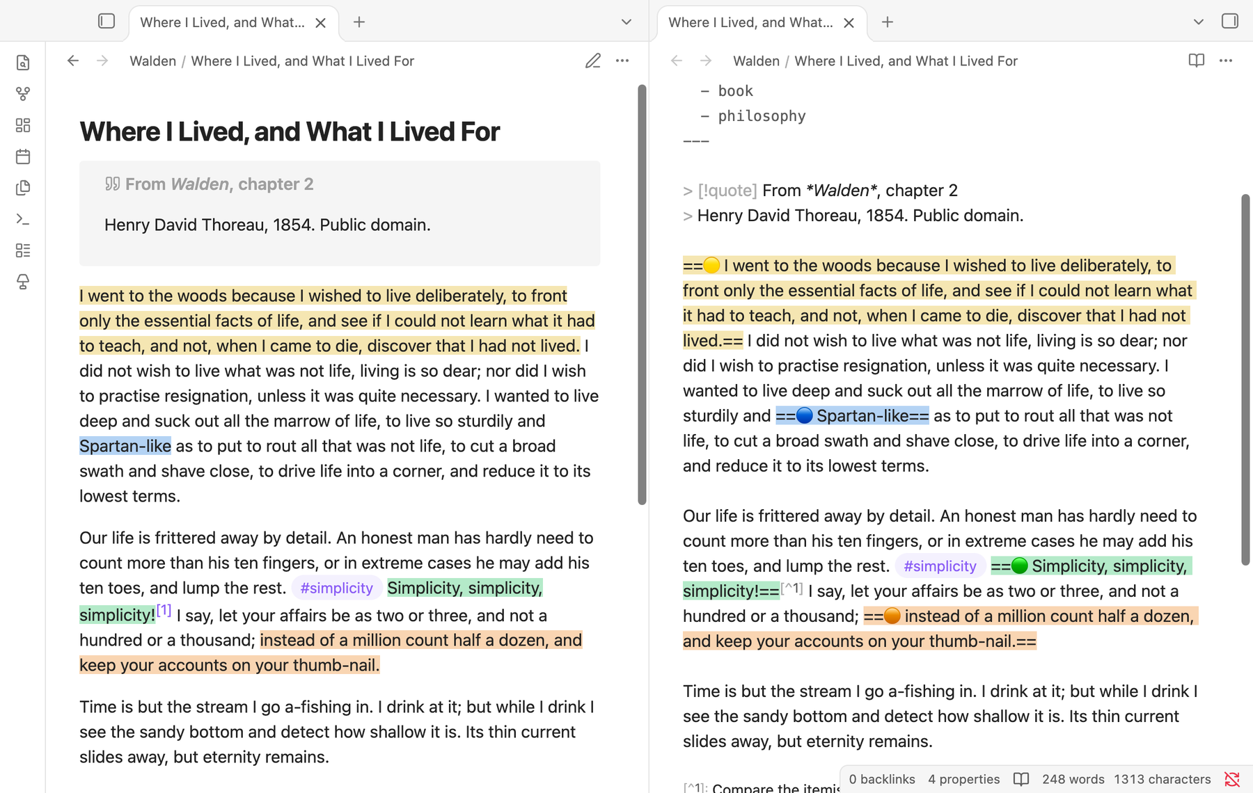Left, a note in Reading view with highlights in yellow, blue, green and orange. Right, the same note's source, where each highlight starts with its colour emoji, such as ==🟡 and ==🔵.