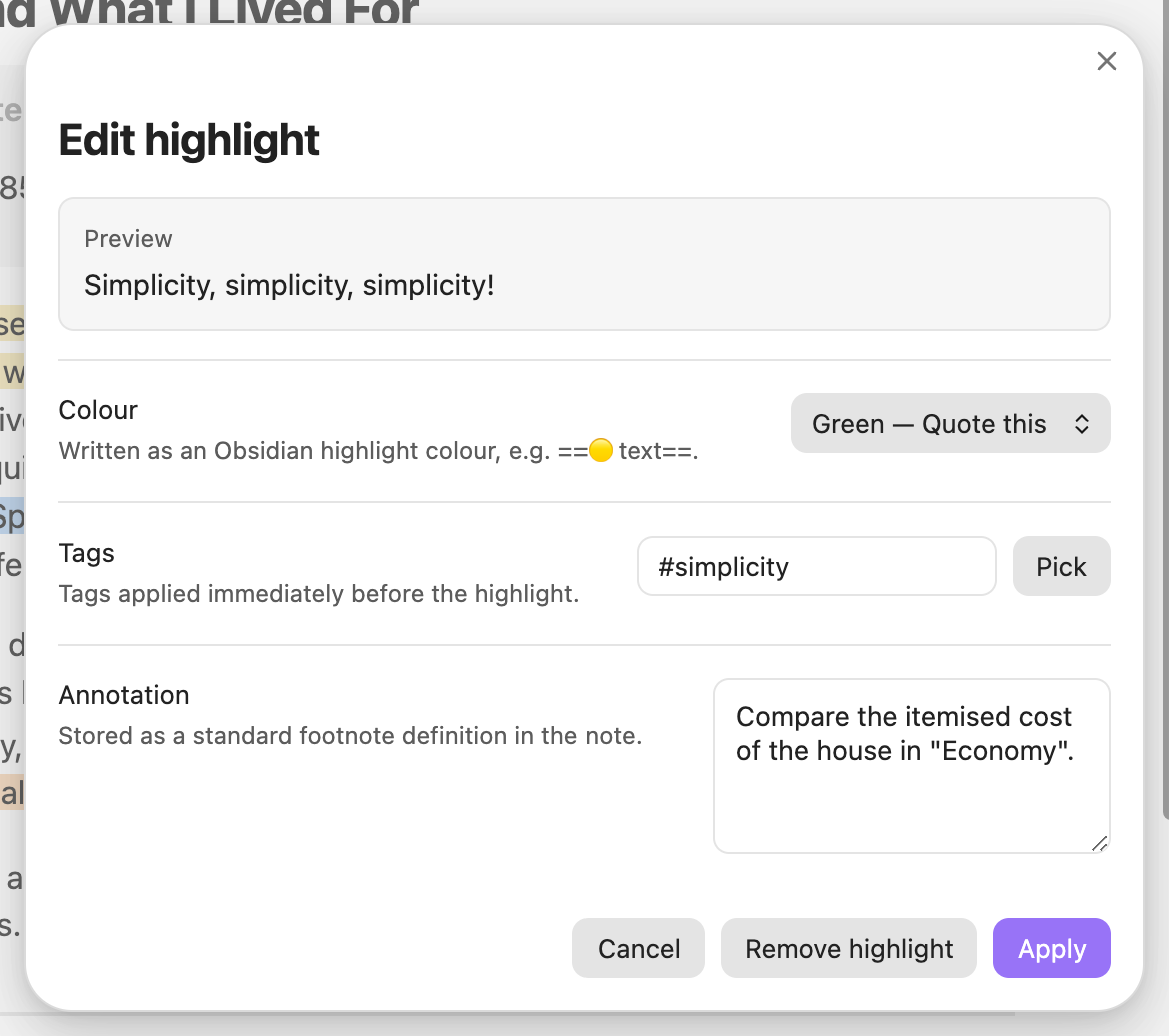 The Edit highlight dialog: a preview of the text, the colour set to Green, Quote this, the tag simplicity, and the annotation.