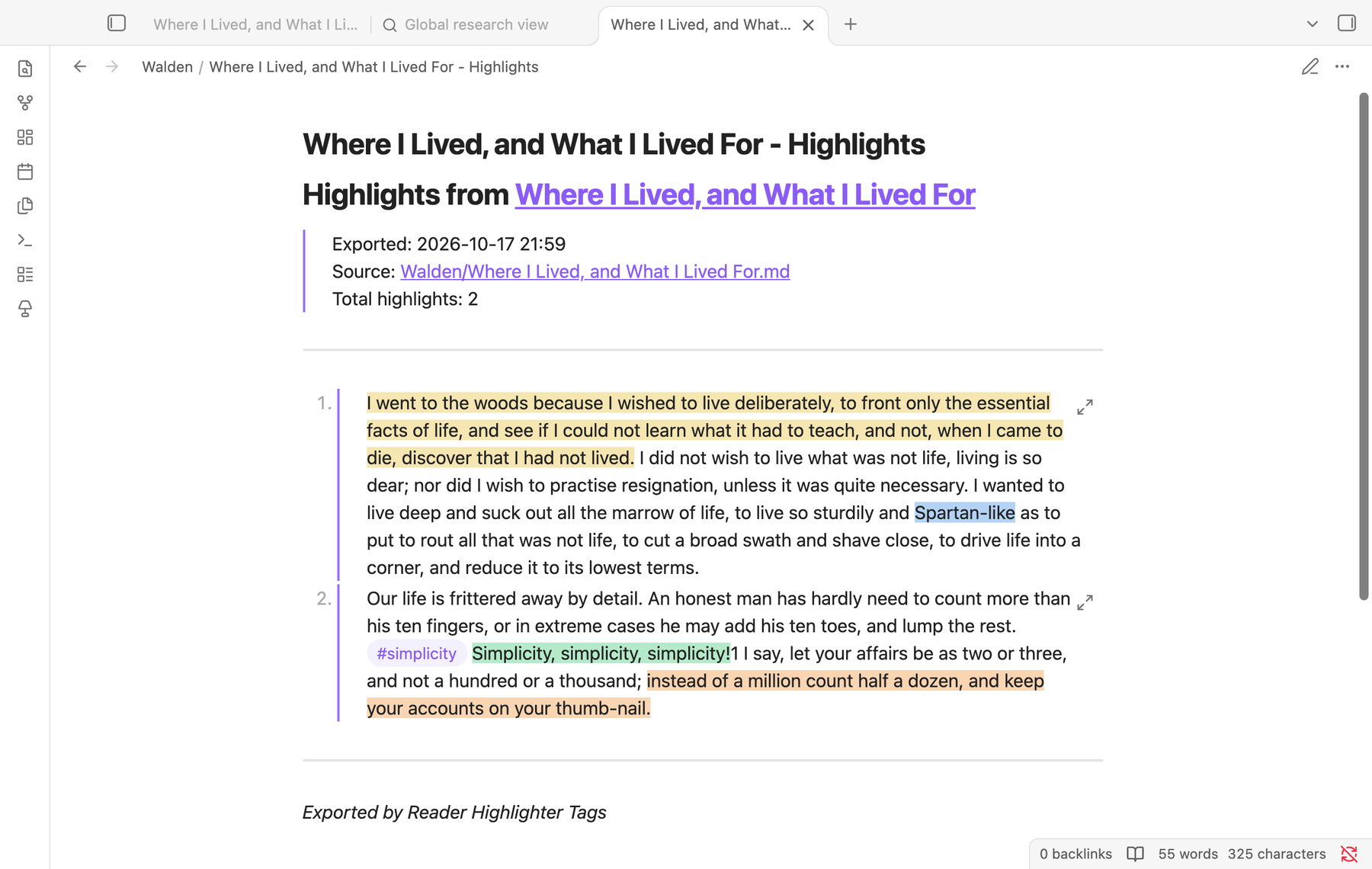 An exported note, Where I Lived, and What I Lived For - Highlights, embedding the highlighted paragraphs with their colours.