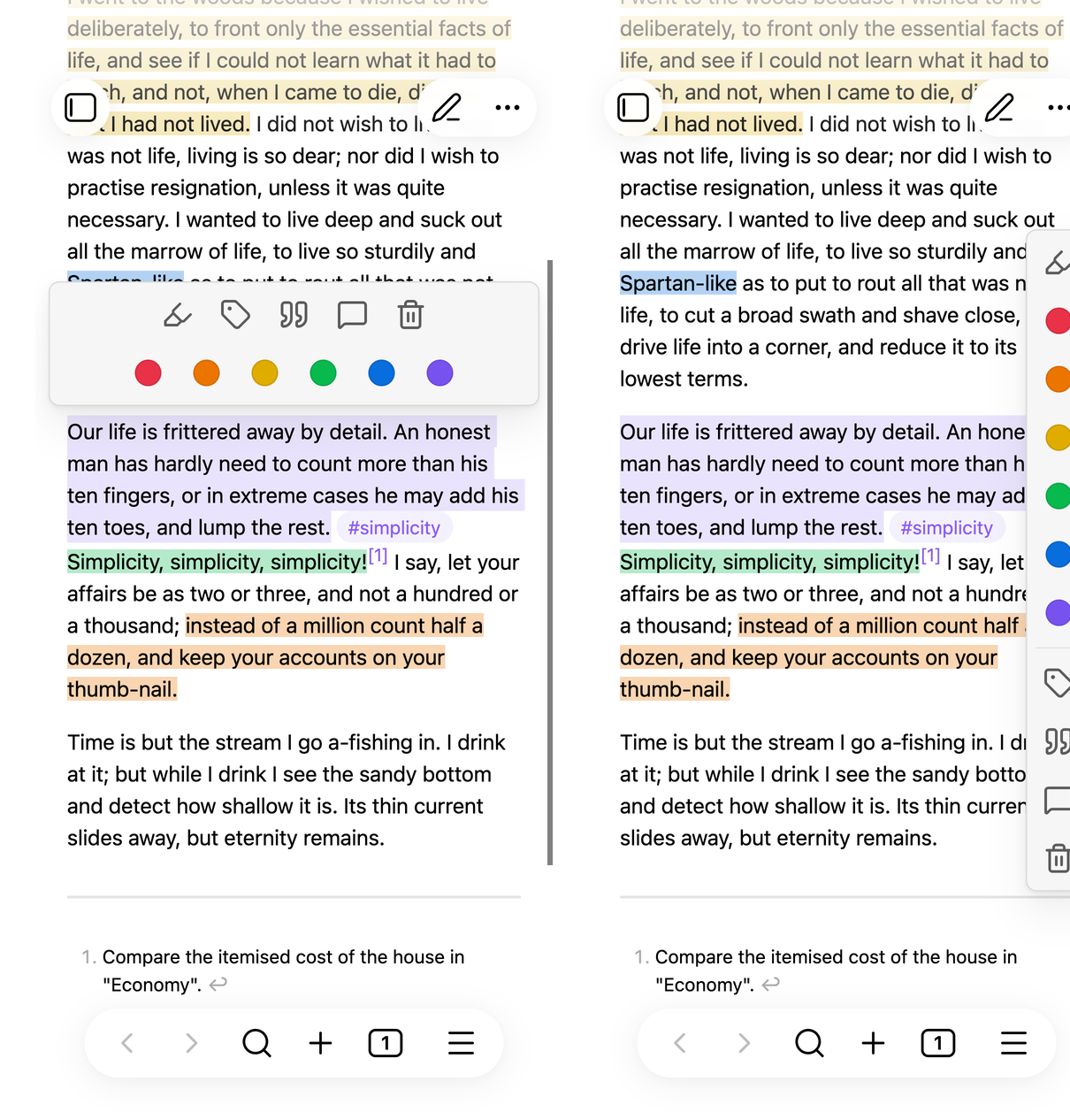 Two phone screens. Left, the toolbar above a selection in two rows, actions above and colours below. Right, the toolbar fixed to the right edge.
