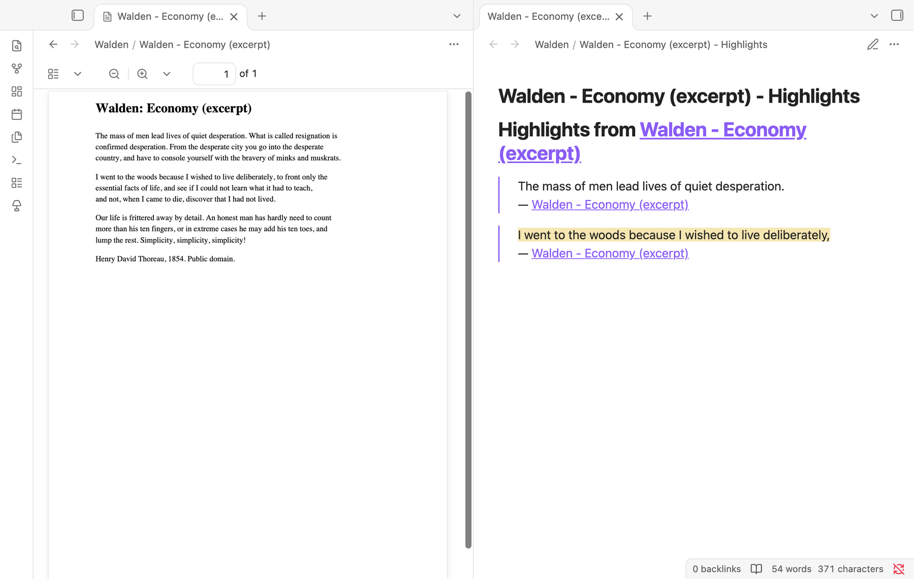 The PDF beside its companion note, which holds two quoted highlights, one of them in yellow.