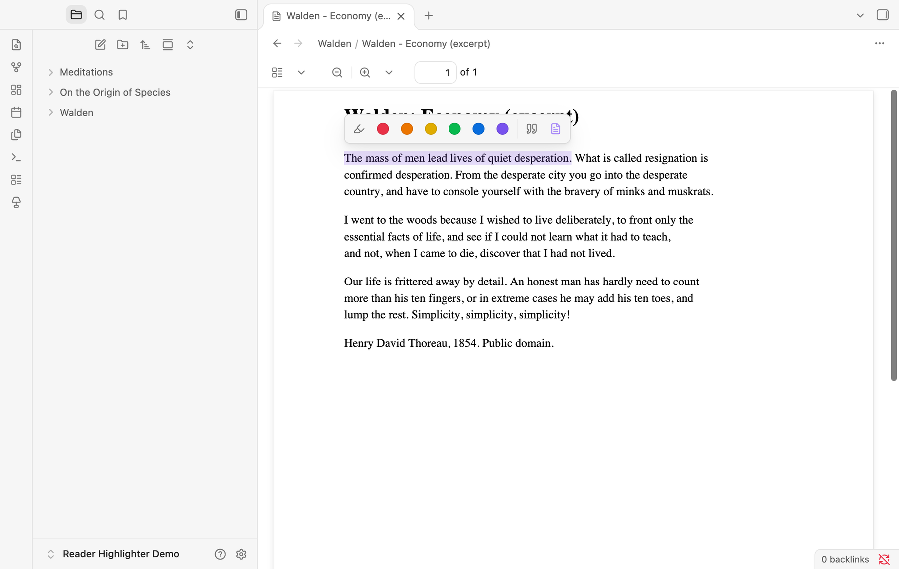 A PDF open in Obsidian with a sentence selected and the toolbar above it.