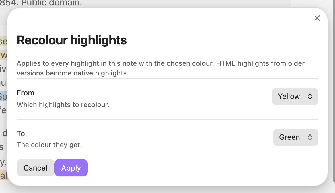 The Recolour highlights dialog, set to change yellow highlights to green.