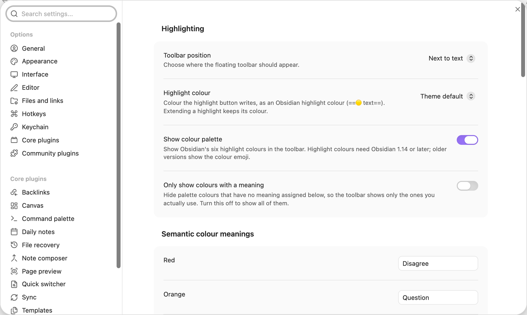 The plugin's settings: toolbar position, highlight colour, colour palette and colour meanings.