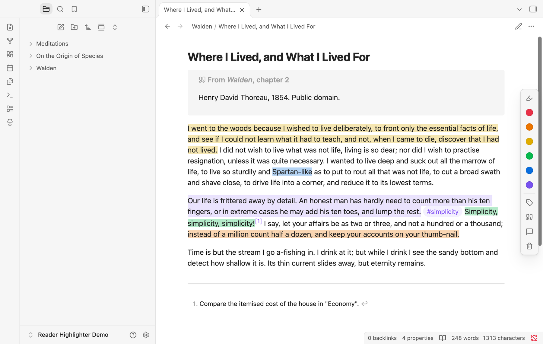 The toolbar fixed to the right edge of the window, stacked vertically: highlighter, six colours, tag, quote, annotate and erase.