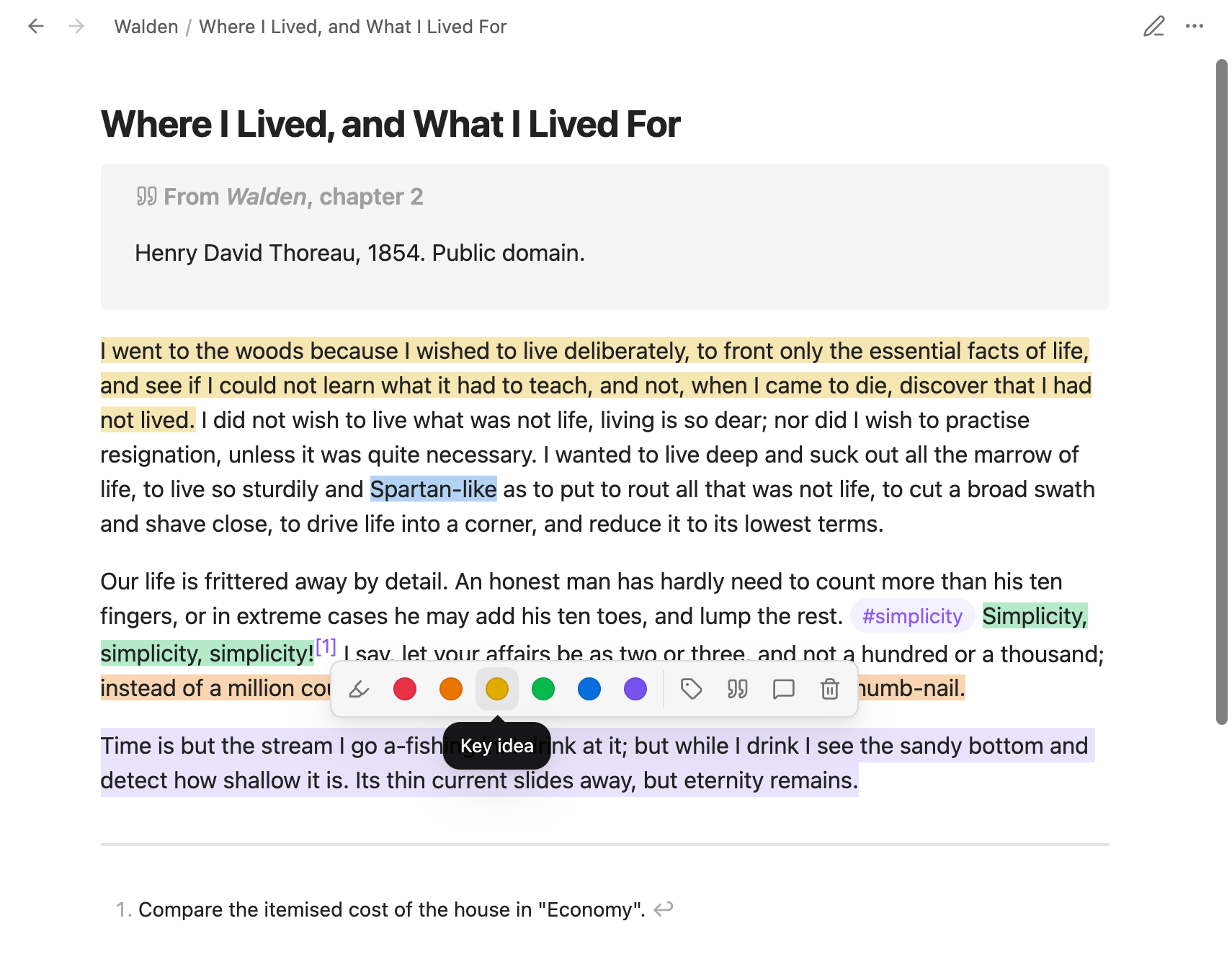 Selecting a paragraph in Reading view brings up the toolbar: a highlighter, six colour swatches, and buttons to tag, quote, annotate and erase. Hovering the yellow swatch shows its meaning, Key idea.