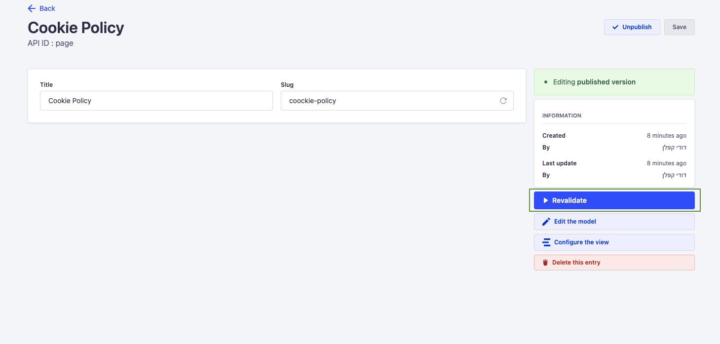 Screenshot for list view in Strapi revalidate button plugin