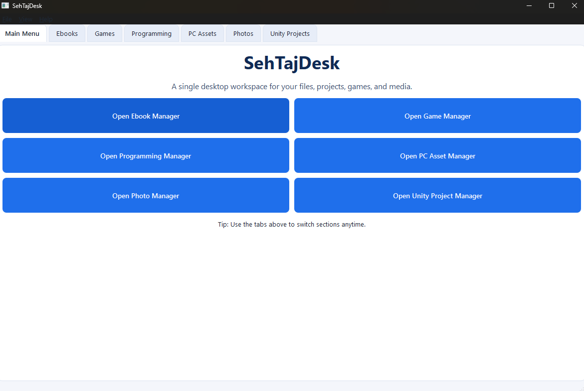 SehTajDesk main menu