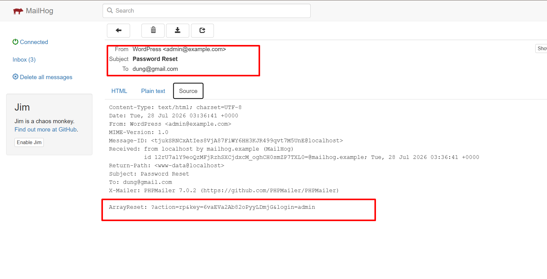 接收重置 key 的 MailHog 收件箱