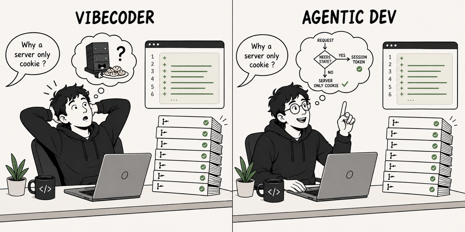 Two panels, same desk, same green diff, same stack of merged and approved pull requests. Left, labelled VIBECODER: asked "Why a server only cookie?", the developer freezes, and his thought bubble holds a server rack, a plate of actual cookies, and a question mark. Right, labelled AGENTIC DEV: same question, and a flowchart in the thought bubble. REQUEST, then NEEDS STATE? Yes leads to SESSION TOKEN, no leads to SERVER ONLY COOKIE. Both branches are ticked: the answer depends on the condition.