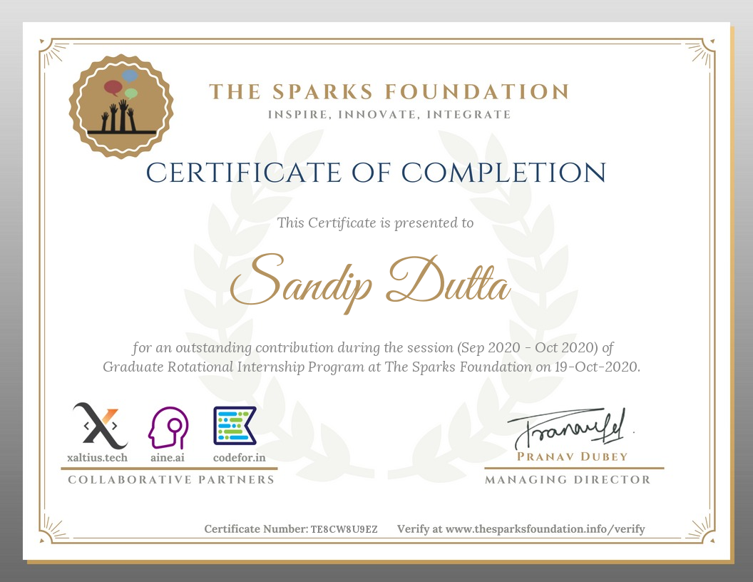 Internship Completion Certificate at SPARKS Foundation