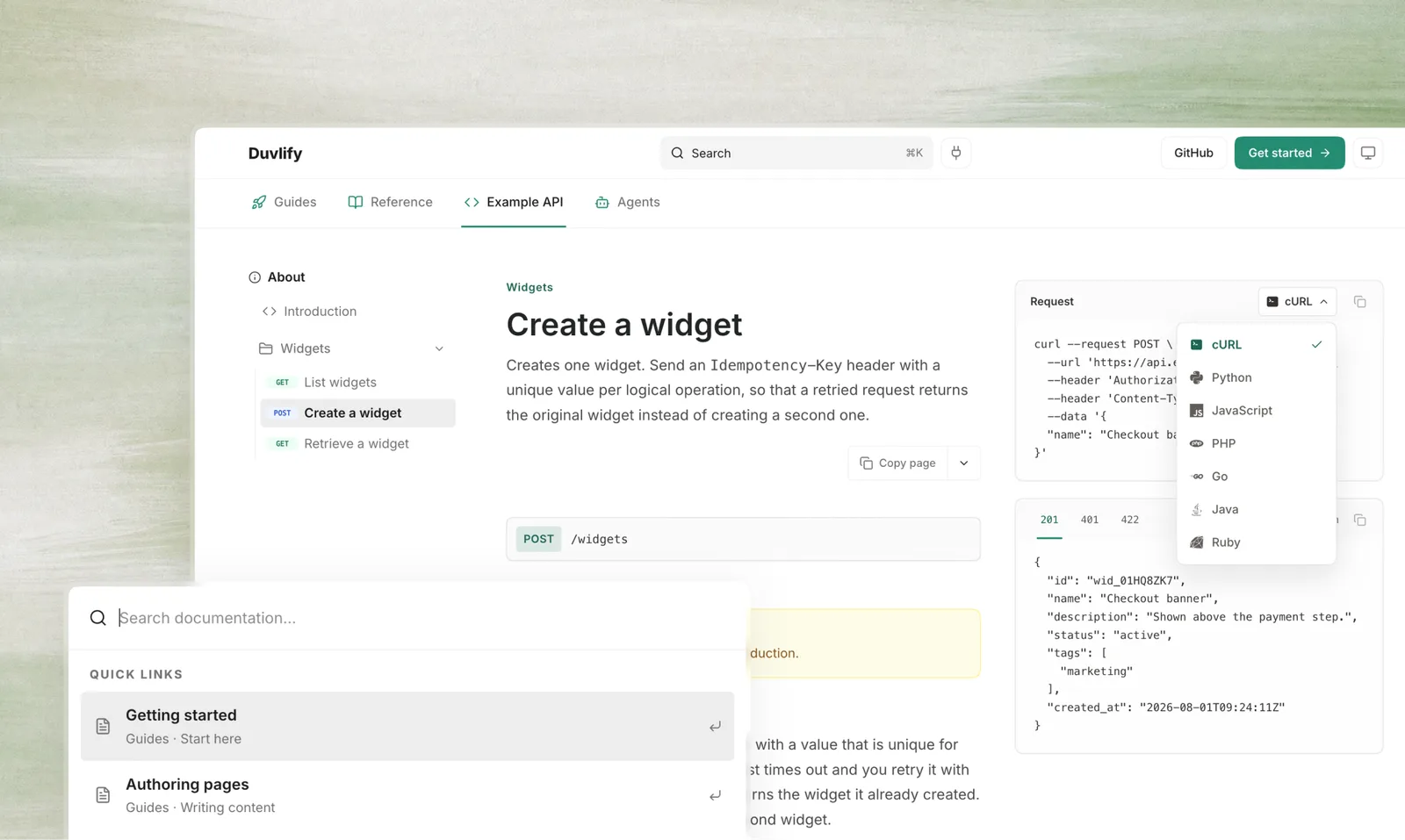 An API reference page built with Duvlify, showing the endpoint's parameters andresponse beside a request sample with the language picker open, and the searchpalette over it
