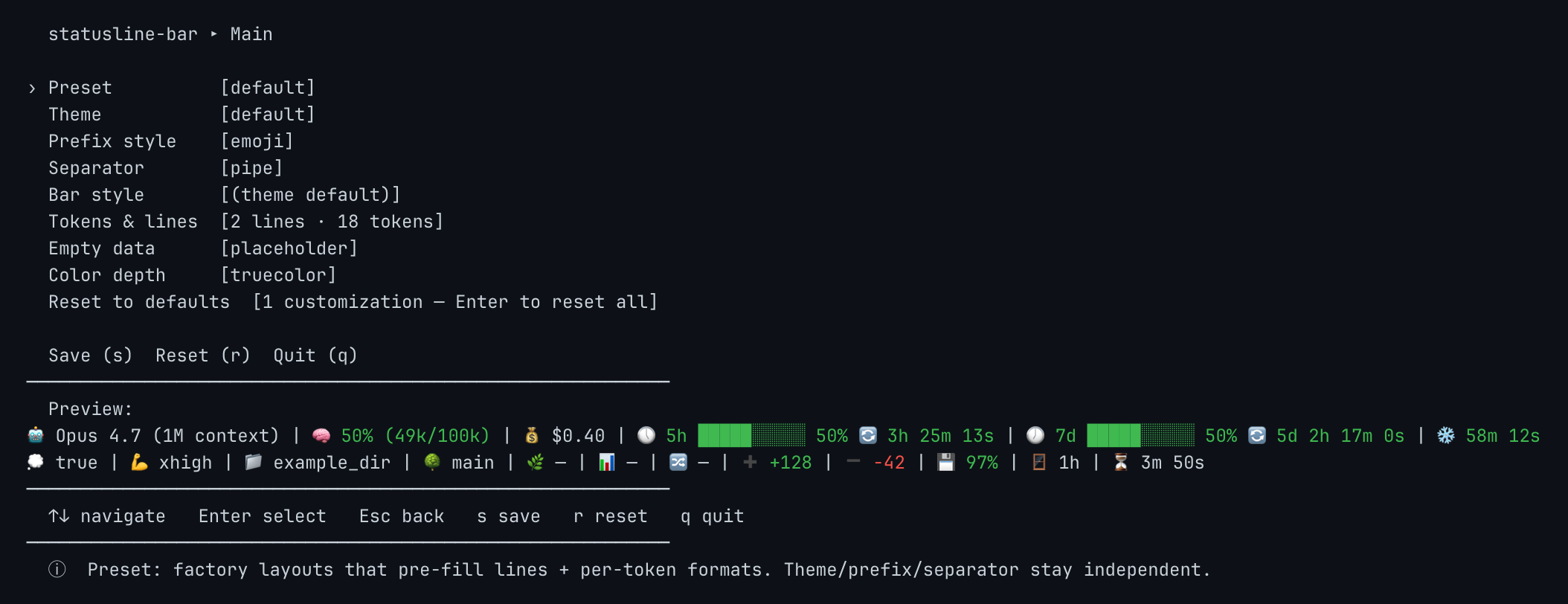 Wizard main menu: rows for preset, theme, prefix style, separator, bar style, Tokens and lines, empty data and color depth, with a live preview pane at the bottom