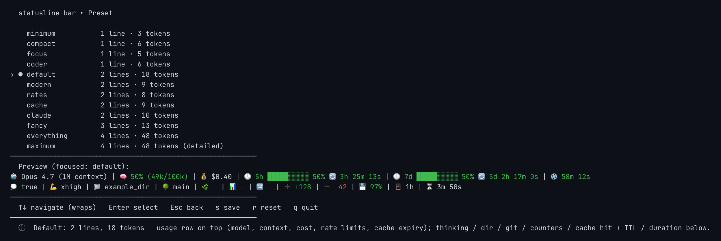 Preset picker showing all 12 presets, each with its line and token count and a rendered sample