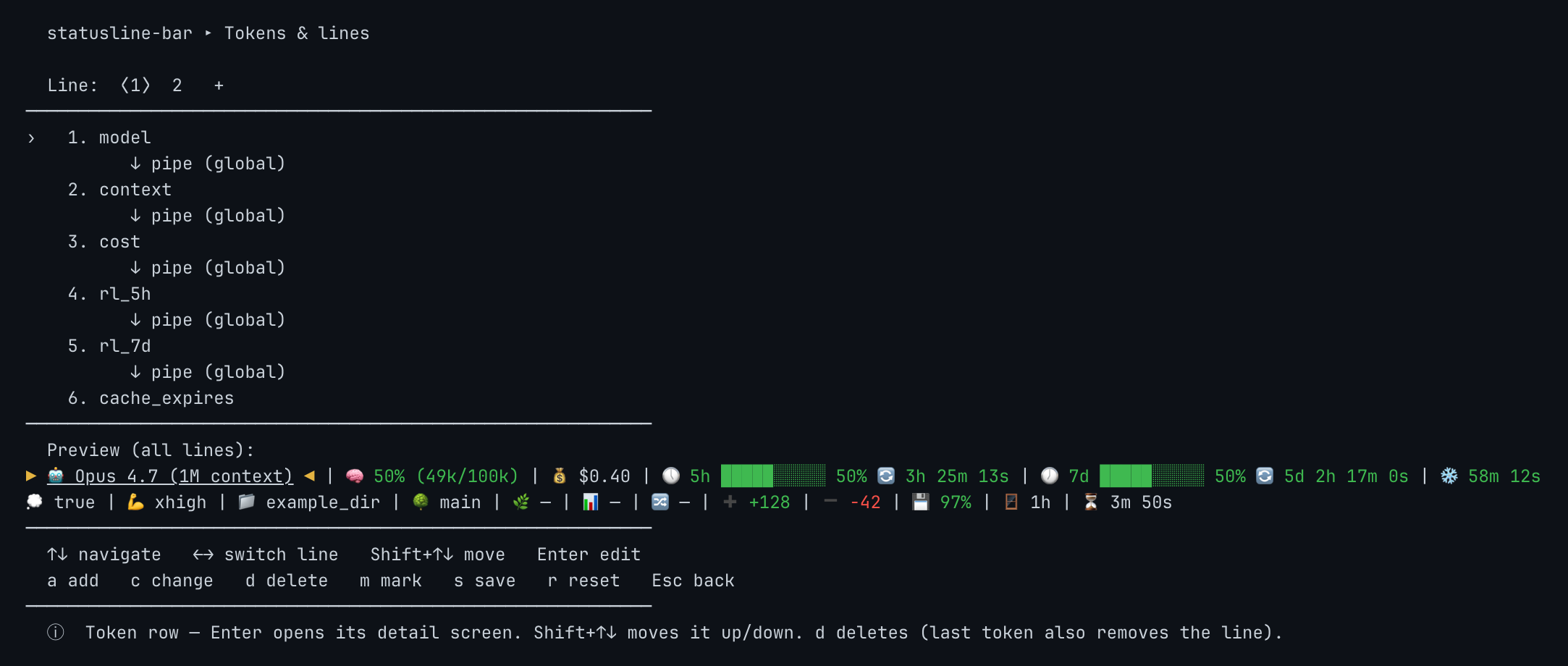 Tokens and lines editor showing line tabs, the token list with inline separator rows, and a live preview