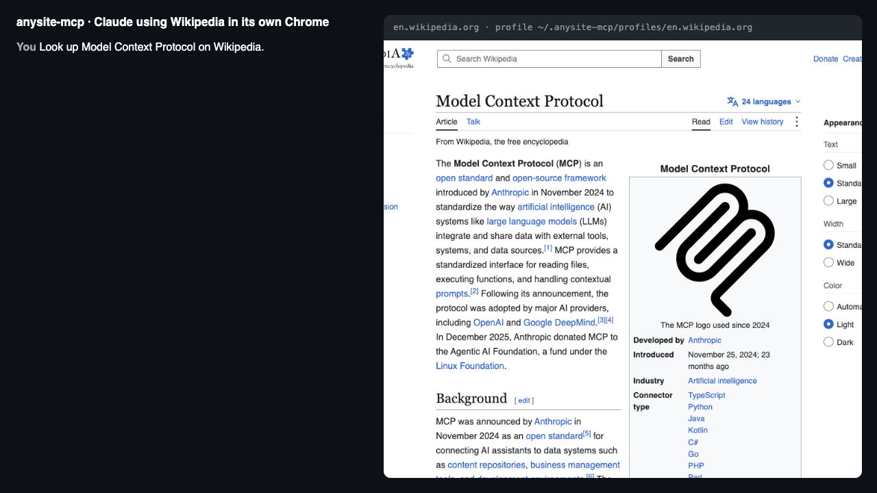 Claude looks something up on Wikipedia, saves the steps as a shortcut, and reuses it as a new tool