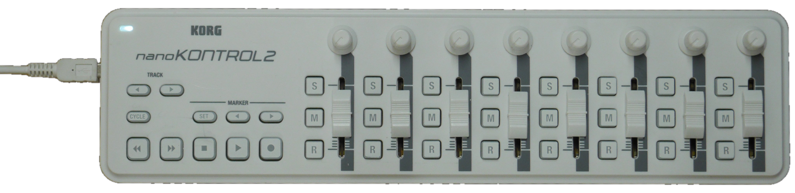 A Korg nanoKONTROL2: eight columns, each with a knob, a slider and S, M and R buttons, plus transport buttons on the left